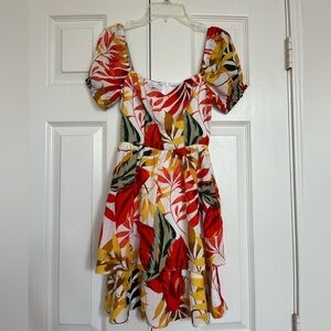 Red Yellow Green Puff Sleeve Mini Sundress